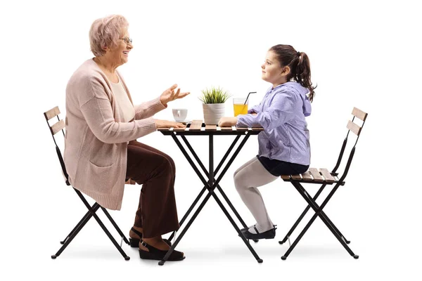 Full Length Profile Shot Senior Woman Sitting Table Coffee Talking — Stock Photo, Image