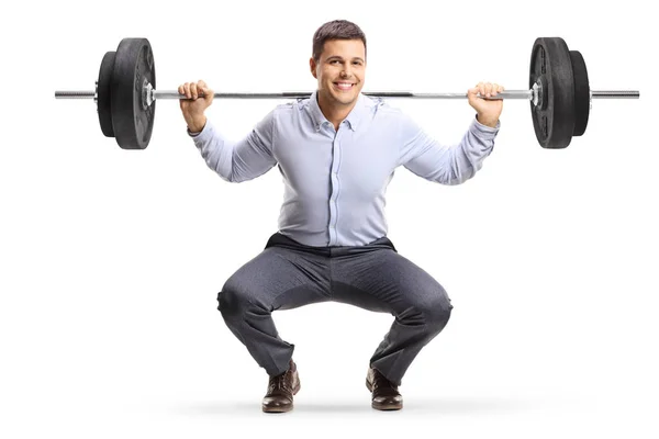 Jonge Man Formele Kleding Tillen Gewichten Geïsoleerd Witte Achtergrond — Stockfoto