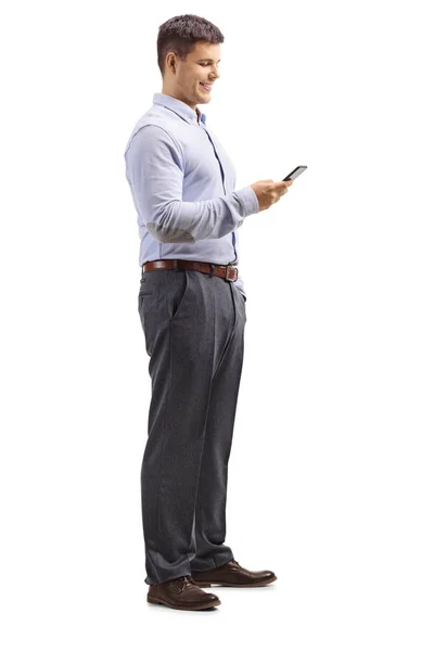 Full Length Shot Young Man Formal Clotes Holding Mobile Phone — Stock Photo, Image