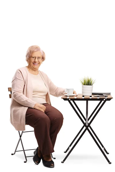 Portrait Complet Une Femme Âgée Assise Une Table Avec Une — Photo