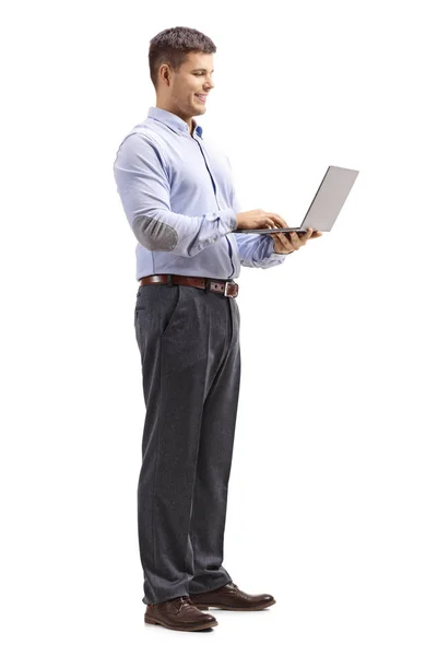 Full Length Shot Young Man Formal Clothes Holding Laptop Computer — Stock Photo, Image