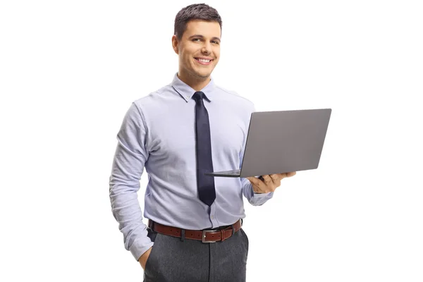 Joven Hombre Guapo Usando Camisa Corbata Sosteniendo Una Computadora Portátil —  Fotos de Stock