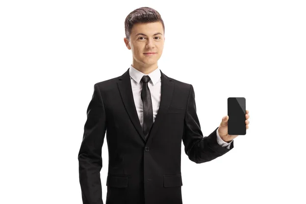 Portrait Jeune Homme Souriant Costume Montrant Smartphone Isolé Sur Fond — Photo