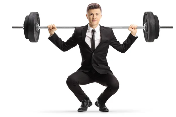 Young Man Suit Lifting Barbell Isolated White Background — Stock Photo, Image
