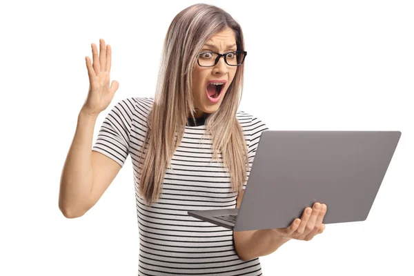 Shocked Blond Woman Looking Laptop Computer Isolated White Background — Stock Photo, Image