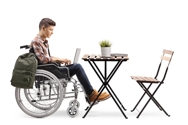 Full Length Profile Shot Disabled Teenage Male Student Working Laptop — Stock Photo, Image