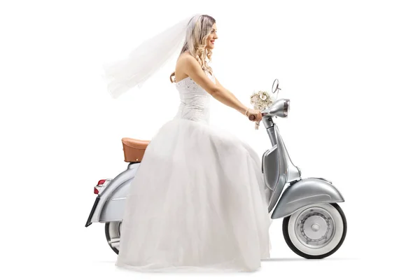 Full Length Profile Shot Bride Riding Vintage Scooter Isolated White Stock Photo