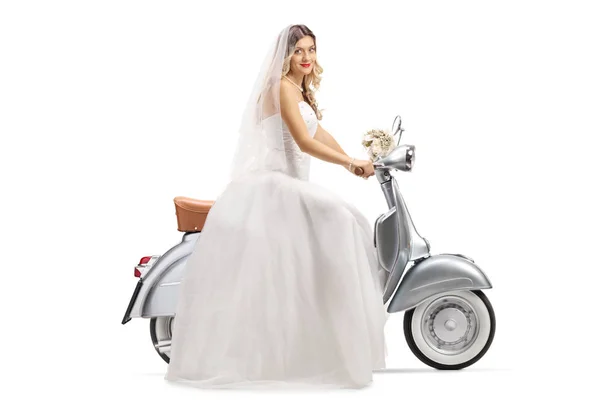 Full Length Profile Shot Bride Riding Vintage Scooter Looking Camera Stock Image