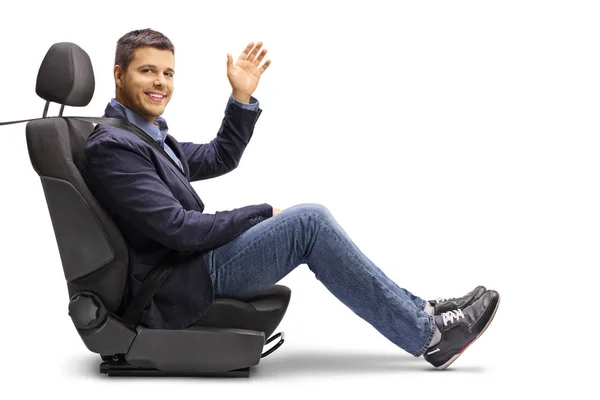 Full Length Shot Young Man Car Seat Fastened Seatbelt Holding — Stock Photo, Image