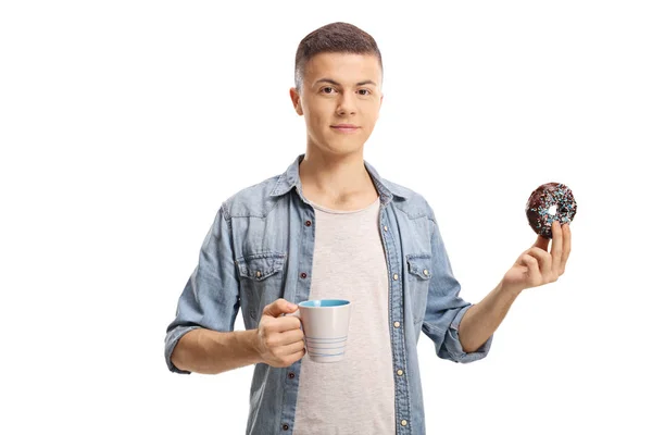 Tonårspojke Med Kopp Kaffe Och Choklad Donut Isolerad Vit Bakgrund — Stockfoto