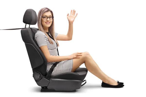 Full Length Shot Young Female Passenger Car Seat Fastened Seatbelt — Stock Photo, Image