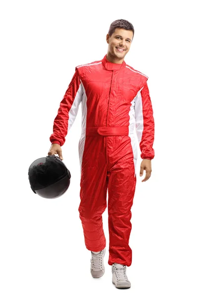 Full Length Portrait Male Car Racer Holding Helmet Walking Camera — Stock Photo, Image