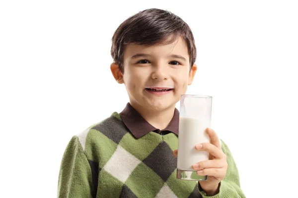 Smiling Male Kid Holding Glass Milk Looking Camera Isolated White — Stock Photo, Image