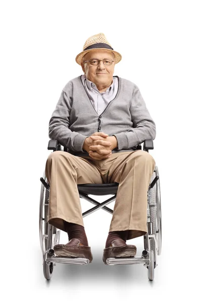 Full Length Portrait Disabled Senior Man Wheelchair Looking Camera Isolated — Stock Photo, Image