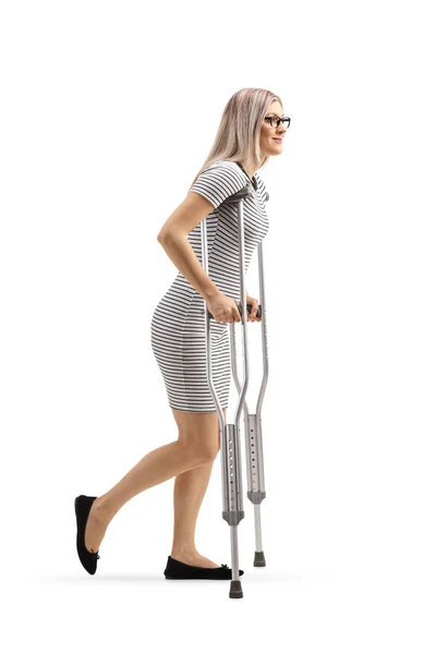 Full Length Shot Young Woman Walking Crutches Isolated White Background — Stock Photo, Image