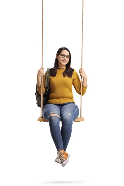 Full Length Portrait Female Student Backpack Sitting Wooden Swing Isolated — Stock Photo, Image