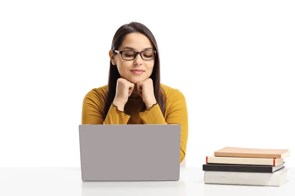 Estudante Feminina Sentada Com Laptop Livros Isolados Fundo Branco — Fotografia de Stock