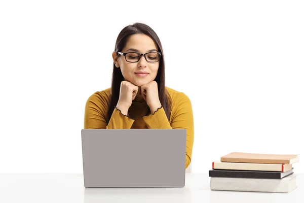 Studente Donna Seduta Con Computer Portatile Libri Isolati Sfondo Bianco — Foto Stock