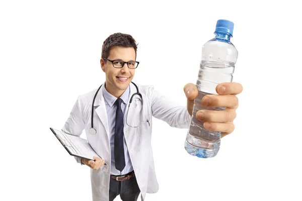 Smiling Young Male Doctor Holding Bottle Water Front Camera Isolated — Stock Photo, Image