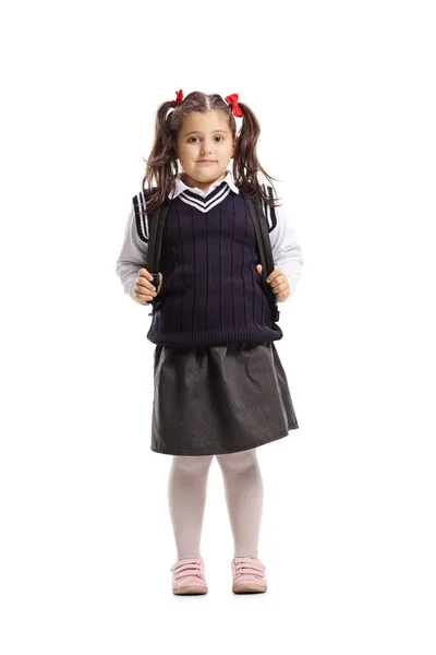 Full Length Portrait Little Girl School Uniform Backpack Isolated White — Stock Photo, Image