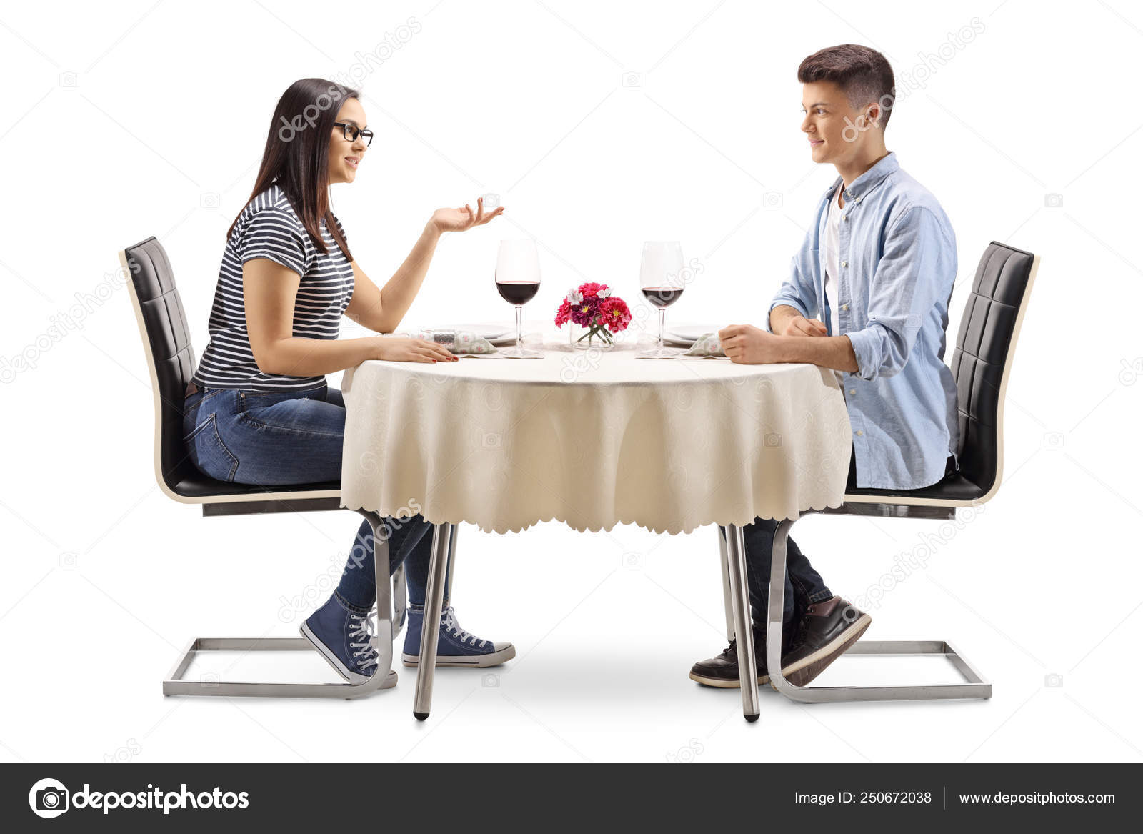 Male Female Teenagers Sitting Restaurant Table Talking Isolated White  Background Stock Photo by ©ljsphotography 250672038