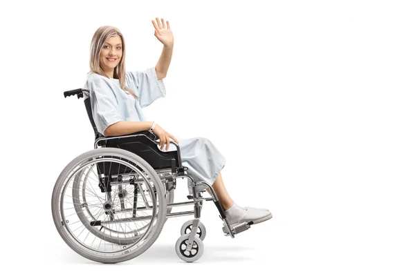 Smiling Female Patient Wheelchair Waving Camera Isolated White Background — Stock Photo, Image