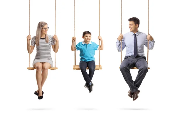 Full Length Portrait Family Mother Father Son Sitting Swings Isolated — Stock Photo, Image