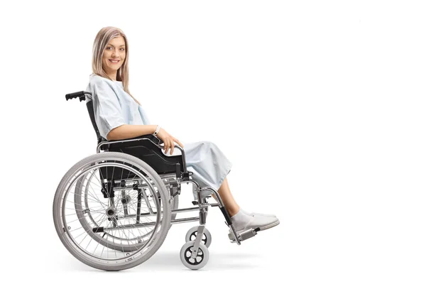 Young Woman Sitting Min Wheelchair Looking Camera Isolated White Background — Stock Photo, Image