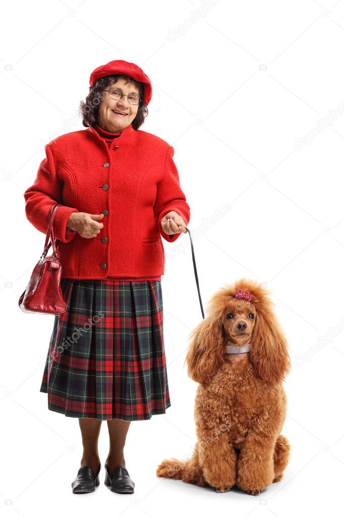 Full length portrait of a senior woman standing with a red poodle dog isolated on white background