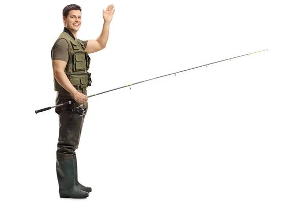 Full Length Shot Young Male Fisherman Holding Fishing Rod Waving — Stock Photo, Image