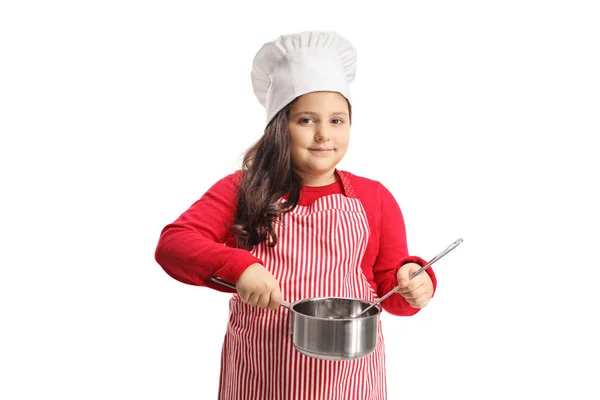 Liten Flicka Chef Håller Kruka Och Sked Isolerad Vit Bakgrund — Stockfoto