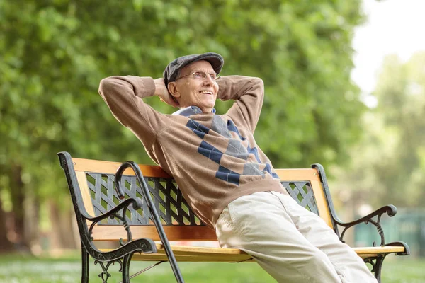 Starší Muž Užívat Denně Dřevěné Lavičce Parku — Stock fotografie