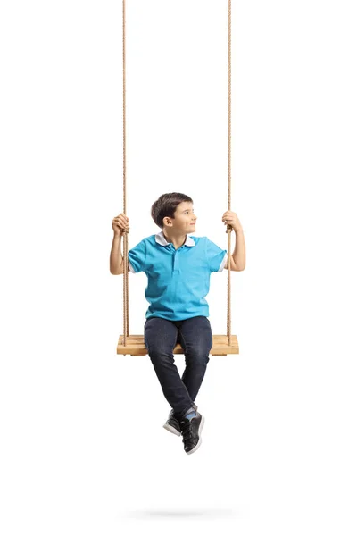 Full Length Portrait Little Boy Sitting Swing Looking Side Isolated — Stock Photo, Image