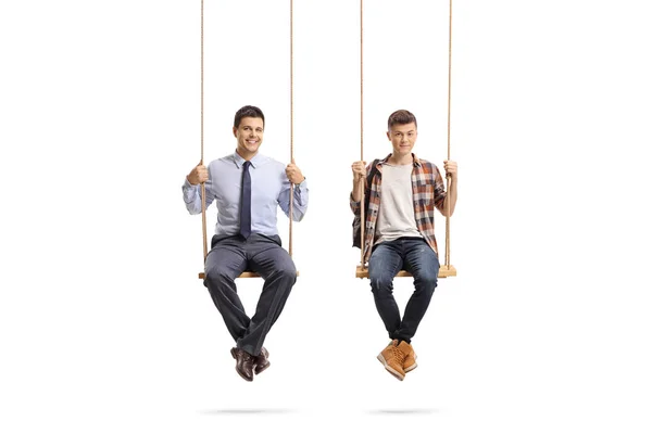 Full Length Portrait Teenage Male Student Young Man Sitting Swing — Stock Photo, Image