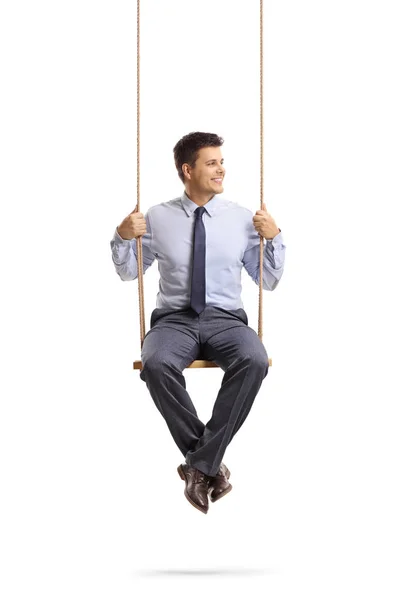 Full Length Portrait Young Professional Man Sitting Swing Looking Away — Stock Photo, Image