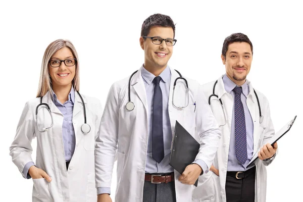 Equipo Médicos Jóvenes Posando Sonriendo Ante Cámara Aislada Sobre Fondo — Foto de Stock