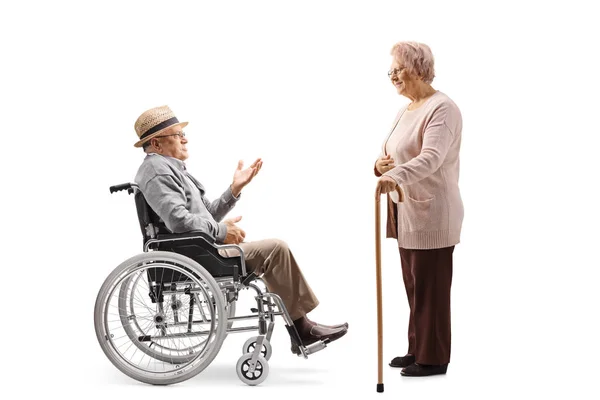 Full Length Profile Shot Elderly Man Sitting Wheelchair Talking Senior — Stock Photo, Image