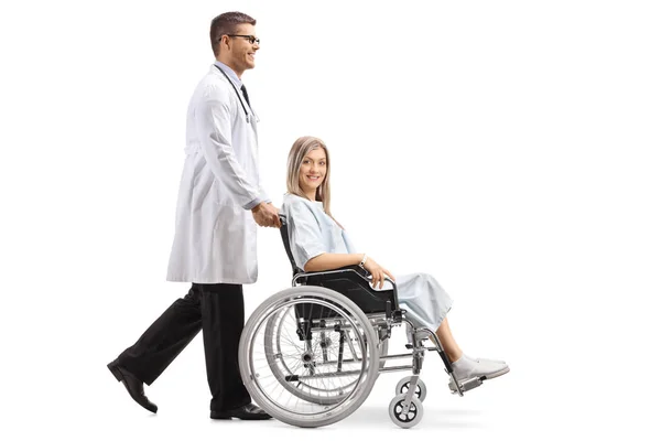 Full Length Shot Young Male Doctor Pushing Female Patient Wheelchair — Stock Photo, Image