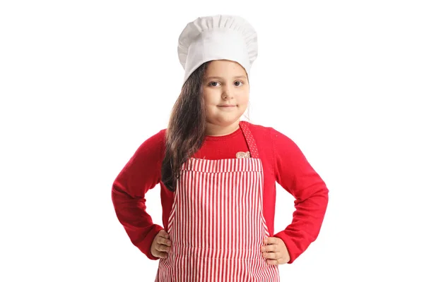 Niña Usando Delantal Sombrero Cocina Aislado Sobre Fondo Blanco — Foto de Stock