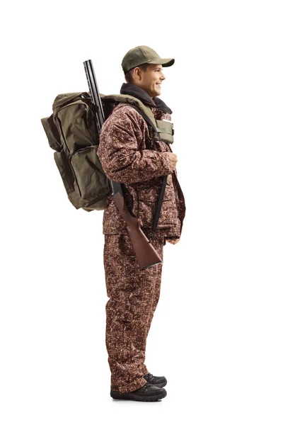 Full Length Profile Shot Hunter Uniform Standing Backpack Shotgun His — Stock Photo, Image