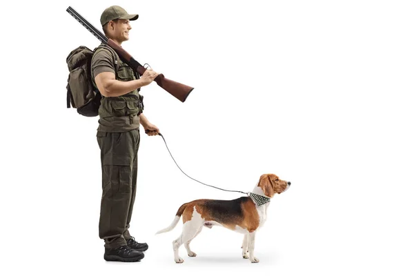 Photo Profil Pleine Longueur Chasseur Avec Chien Beagle Isolé Sur — Photo