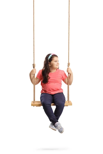 Full Length Shot Little Girl Sitting Swing Looking Side Isolated — Stock Photo, Image