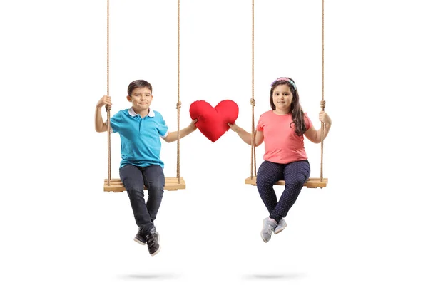 Full Length Portrait Little Boy Little Girl Swing Holding Red — Stock Photo, Image