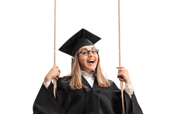 Felice Studentessa Laureata Altalena Isolata Sfondo Bianco — Foto Stock