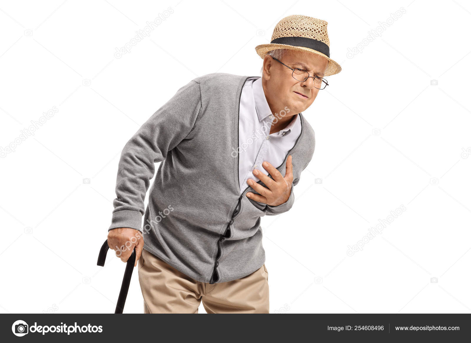 Elderly Man Having Heart Attack Isolated White Background Stock