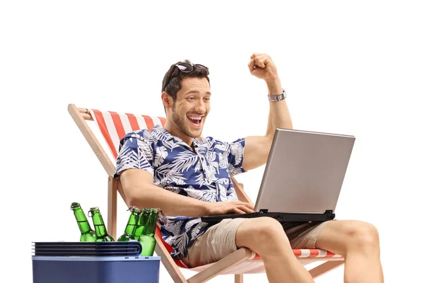 Happy Male Tourist Laptop Sitting Deck Chair Next Cooling Box — Stock Photo, Image