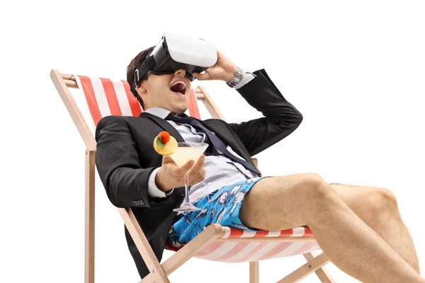 Businessman Sitting Deck Chair Cocktail Using Headset Isolated White Background — Stock Photo, Image