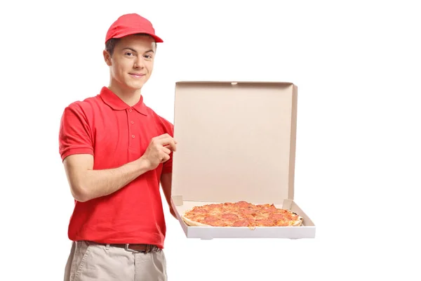 Repartidor Sosteniendo Una Caja Pizza Aislada Sobre Fondo Blanco — Foto de Stock