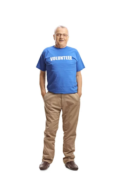 Full Length Portrait Mature Man Volunteer Posing Isolated White Background — Stock Photo, Image