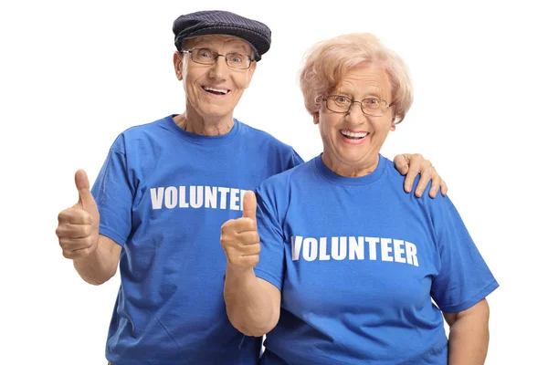 Πορτρέτο Του Χαρούμενο Ζευγάρι Ανώτερος Εθελοντές Δίνοντας Τους Αντίχειρες Επάνω — Φωτογραφία Αρχείου